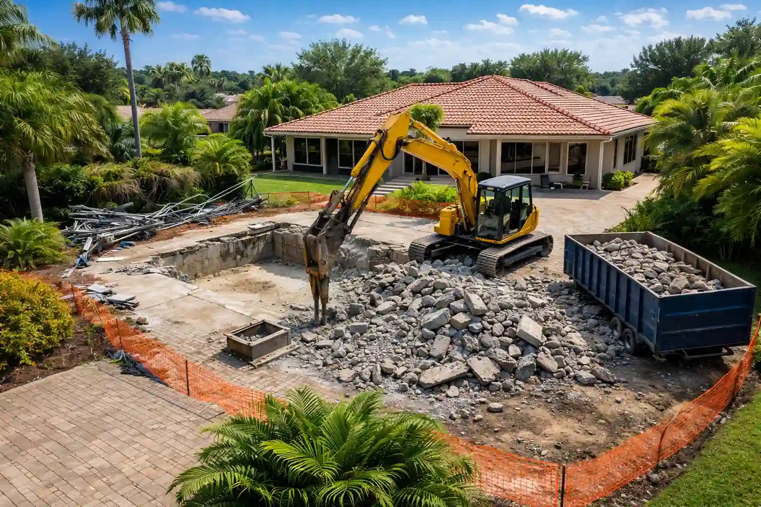 Excavator removing an inground swimming pool in a Florida backyard